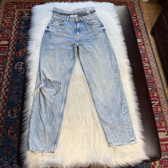 Bershka Light Blue Distressed Wrap Waist Jeans - Picture 4 of 8